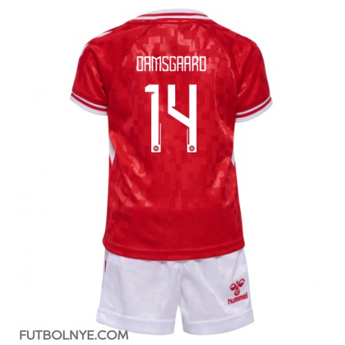 Camiseta Dinamarca Mikkel Damsgaard #14 Primera Equipación para niños Eurocopa 2024 manga corta (+ pantalones cortos)